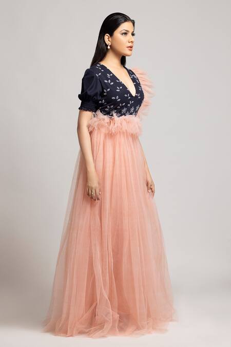 S & V Designs_Blue Banana Crepe And Nylon Net Thread V Neck Gown_Online_at_Aza_Fashions