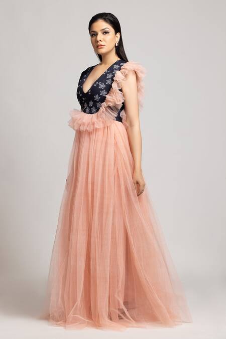 Shop_S & V Designs_Blue Banana Crepe And Nylon Net Thread V Neck Gown_Online_at_Aza_Fashions