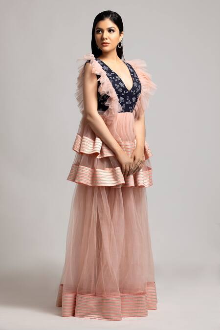 S & V Designs_Peach Banana Crepe And Nylon Net Thread V Neck Plunged Layered Gown_Online_at_Aza_Fashions