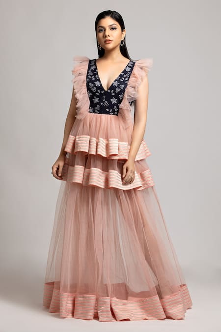 Buy_S & V Designs_Peach Banana Crepe And Nylon Net Thread V Neck Plunged Layered Gown_Online_at_Aza_Fashions