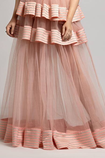 S & V Designs_Peach Banana Crepe And Nylon Net Thread V Neck Plunged Layered Gown_at_Aza_Fashions