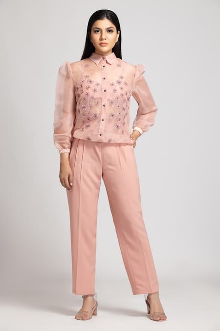 S & V Designs Peach Banana Crepe And Organza Embroidery Thread Shirt & Pant Set  