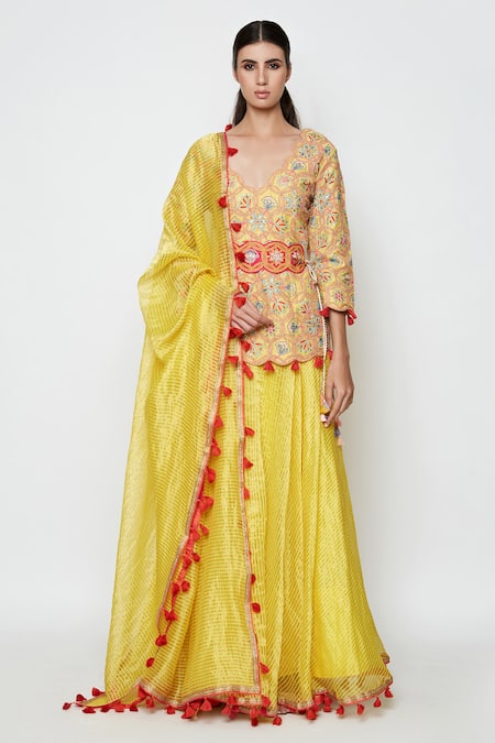 Swati Vijaivargie Yellow Silk Embroidered Kurta Lehenga Set Online at Aza Fashions Swati Vijaivargie_Yellow Silk Embroidered Kurta Lehenga Set _Online_at_Aza_Fashions