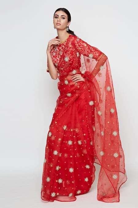 Swati Vijaivargie Red Silk, Organza Embroidered Saree With Blouse Online at Aza Fashions Swati Vijaivargie_Red Silk, Organza Embroidered Saree With Blouse _Online_at_Aza_Fashions