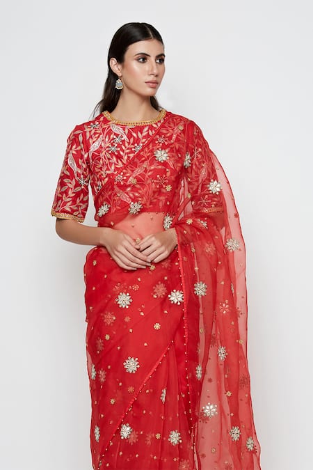 Buy Swati Vijaivargie Red Silk, Organza Embroidered Saree With Blouse Online at Aza Fashions Buy_Swati Vijaivargie_Red Silk, Organza Embroidered Saree With Blouse _Online_at_Aza_Fashions