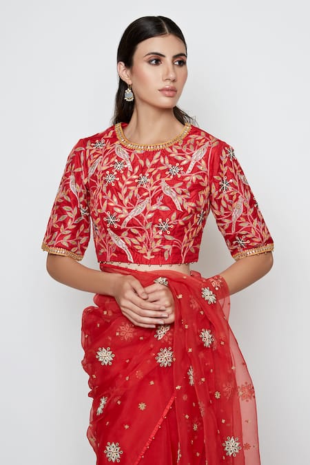 Shop Swati Vijaivargie Red Silk, Organza Embroidered Saree With Blouse Online at Aza Fashions Shop_Swati Vijaivargie_Red Silk, Organza Embroidered Saree With Blouse _Online_at_Aza_Fashions