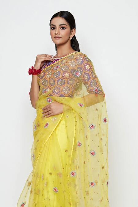 Buy_Swati Vijaivargie_Yellow Silk, Organza Embroidered Saree _Online_at_Aza_Fashions