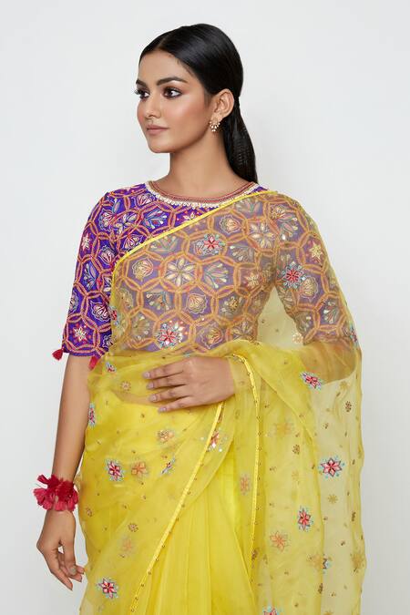Shop_Swati Vijaivargie_Yellow Silk, Organza Embroidered Saree _Online_at_Aza_Fashions