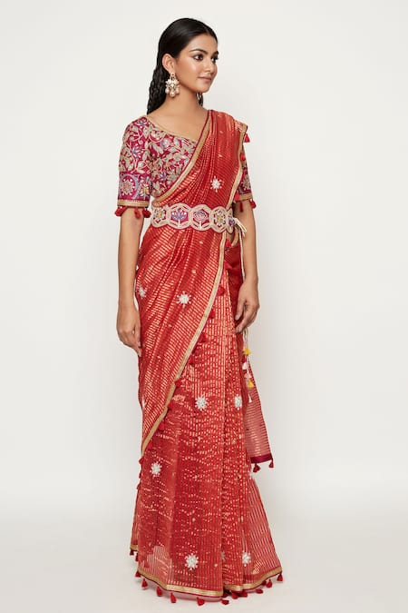 Swati Vijaivargie Red Silk Embroidered Chanderi Saree 