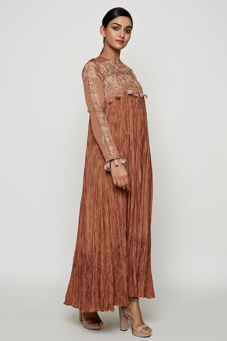 Swati Vijaivargie_Brown Cotton Silk Embroidered Pleated Anarkali _Online_at_Aza_Fashions