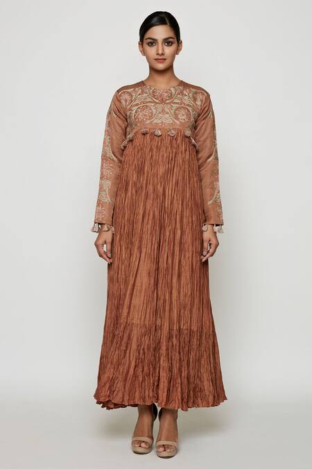 Buy_Swati Vijaivargie_Brown Cotton Silk Embroidered Pleated Anarkali _Online_at_Aza_Fashions