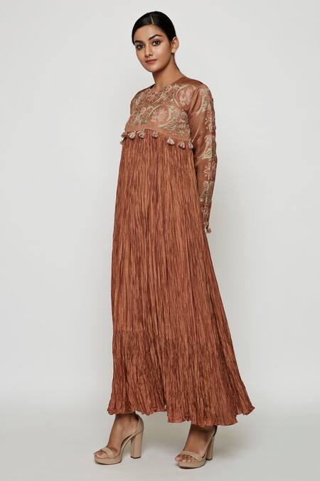 Shop_Swati Vijaivargie_Brown Cotton Silk Embroidered Pleated Anarkali _Online_at_Aza_Fashions