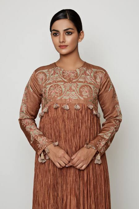 Swati Vijaivargie_Brown Cotton Silk Embroidered Pleated Anarkali _at_Aza_Fashions