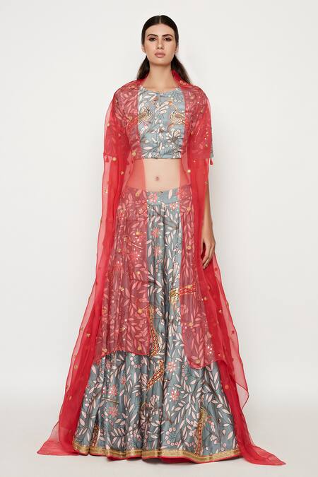 Buy_Swati Vijaivargie_Grey Linen Satin Embroidered Cape Lehenga Set _Online_at_Aza_Fashions