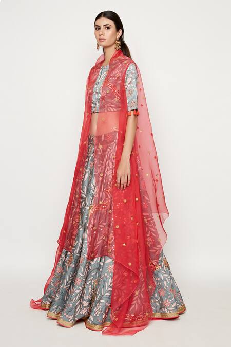 Shop_Swati Vijaivargie_Grey Linen Satin Embroidered Cape Lehenga Set _Online_at_Aza_Fashions
