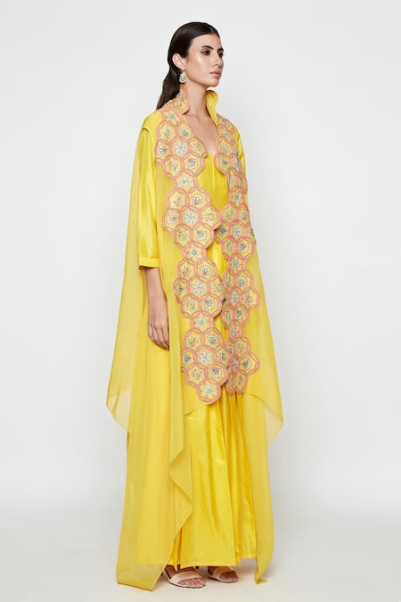 Swati Vijaivargie_Yellow Silk Dress With Embroidered Cape _Online_at_Aza_Fashions