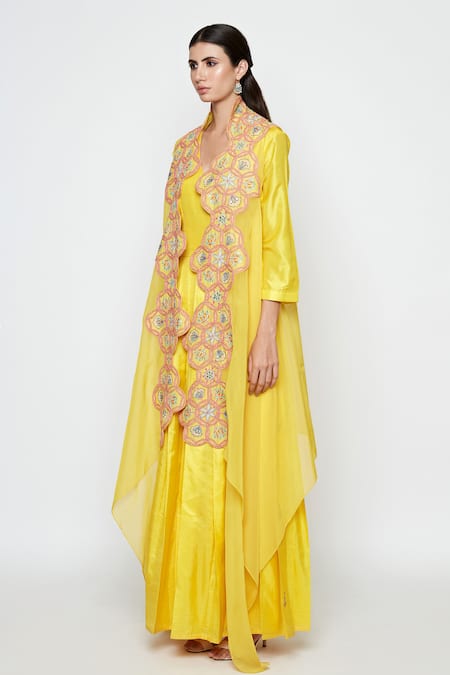 Buy_Swati Vijaivargie_Yellow Silk Dress With Embroidered Cape _Online_at_Aza_Fashions