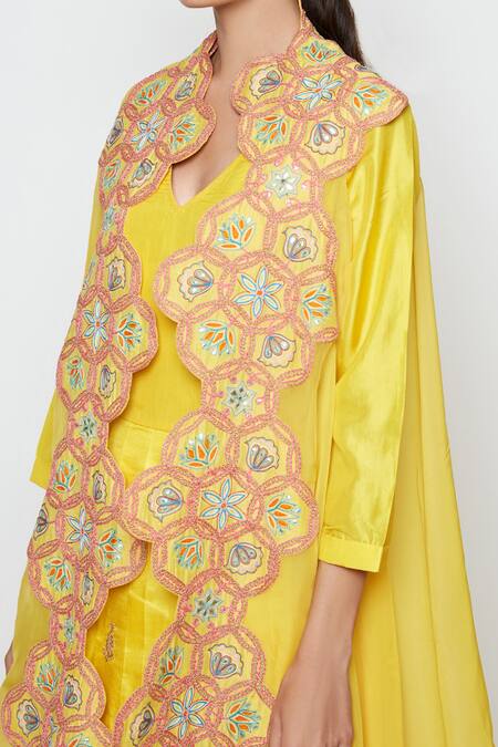 Shop_Swati Vijaivargie_Yellow Silk Dress With Embroidered Cape _Online_at_Aza_Fashions