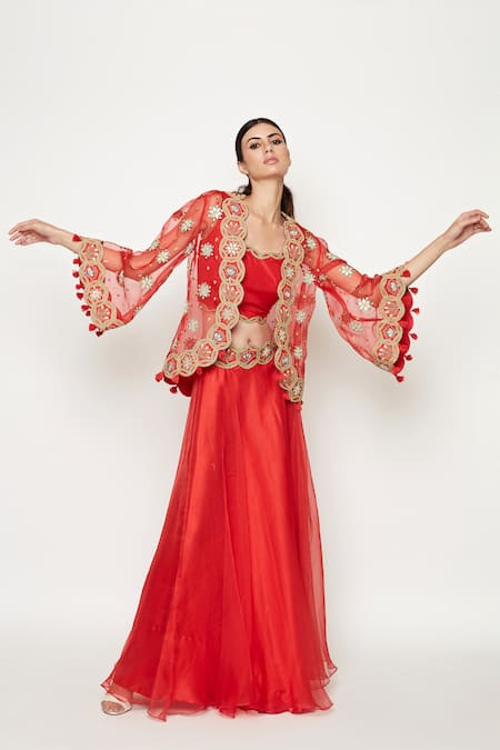 Swati Vijaivargie Red Silk, Organza Embroidered Jacket Lehenga Set Online at Aza Fashions Swati Vijaivargie_Red Silk, Organza Embroidered Jacket Lehenga Set _Online_at_Aza_Fashions