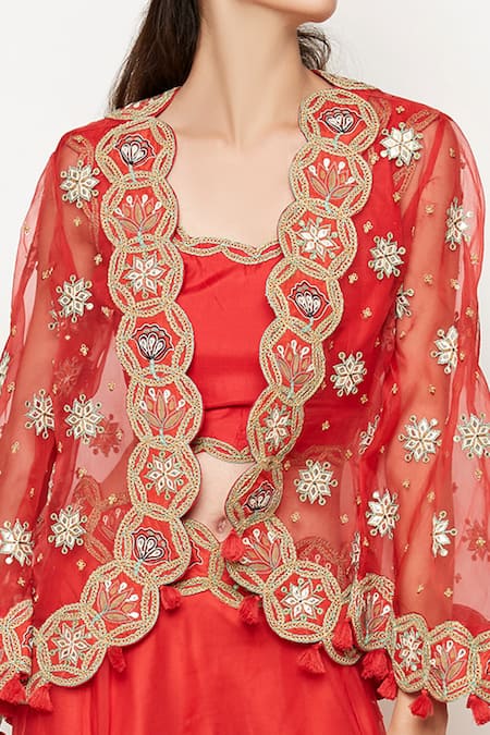 Shop Swati Vijaivargie Red Silk, Organza Embroidered Jacket Lehenga Set Online at Aza Fashions Shop_Swati Vijaivargie_Red Silk, Organza Embroidered Jacket Lehenga Set _Online_at_Aza_Fashions