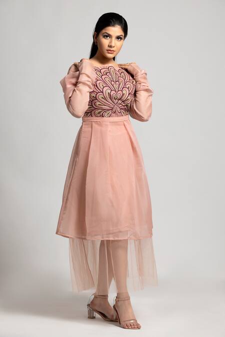 S & V Designs_Peach Organza And Nylon Net Embroidery Thread Boat Dress_Online_at_Aza_Fashions