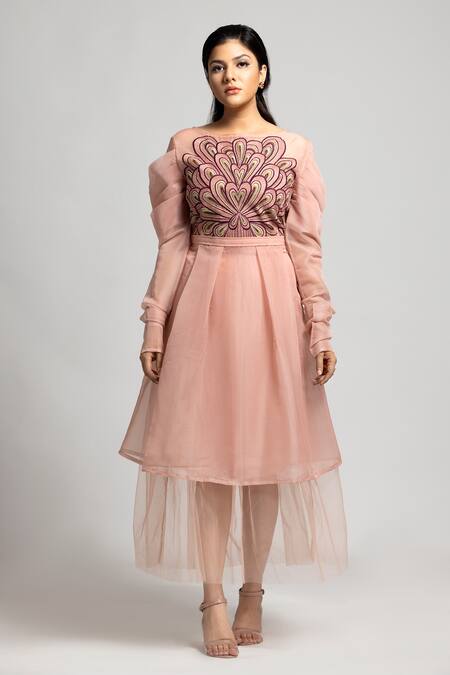 Buy_S & V Designs_Peach Organza And Nylon Net Embroidery Thread Boat Dress_Online_at_Aza_Fashions