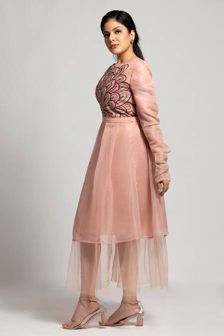 Shop_S & V Designs_Peach Organza And Nylon Net Embroidery Thread Boat Dress_Online_at_Aza_Fashions