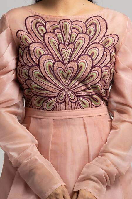 S & V Designs_Peach Organza And Nylon Net Embroidery Thread Boat Dress_at_Aza_Fashions