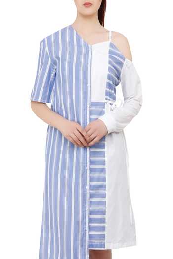 S & V Designs_Blue Striped Asymmetric Dress_Online_at_Aza_Fashions