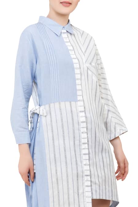 S & V Designs_Blue Spread Collar Striped Shirt Dress _Online_at_Aza_Fashions