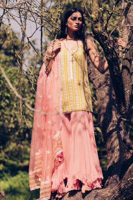 Buy Madzin Yellow Kurta And Pant Georgette Dupatta Hand Embroidered Sharara Set Online at Aza Fashions Buy_Madzin_Yellow Kurta And Pant Georgette Dupatta Hand Embroidered Sharara Set _Online_at_Aza_Fashions