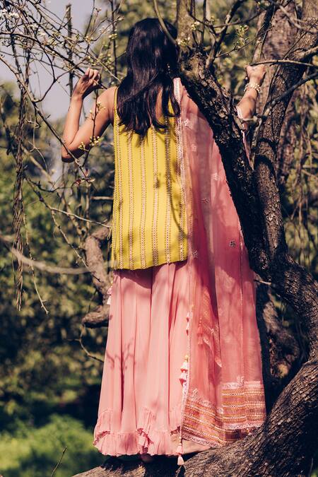 Madzin Yellow Kurta And Pant Georgette Dupatta Hand Embroidered Sharara Set Online at Aza Fashions Madzin_Yellow Kurta And Pant Georgette Dupatta Hand Embroidered Sharara Set _Online_at_Aza_Fashions