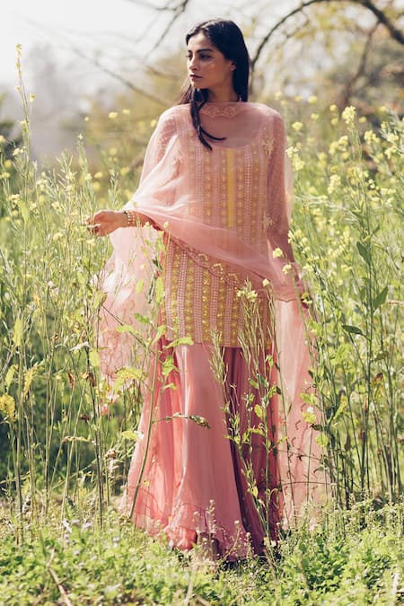 Shop Madzin Pink Kurta And Pant Georgette Dupatta Hand Embroidered Sharara Set at Aza Fashions Shop_Madzin_Pink Kurta And Pant Georgette Dupatta Hand Embroidered Sharara Set _at_Aza_Fashions