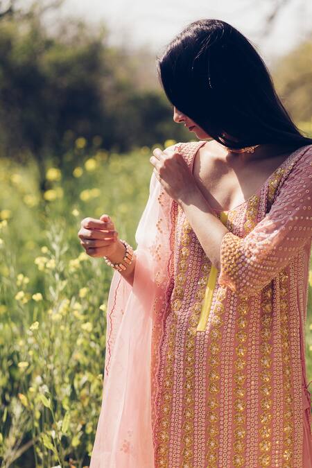 Madzin Pink Kurta And Pant Georgette Dupatta Hand Embroidered Sharara Set Online at Aza Fashions Madzin_Pink Kurta And Pant Georgette Dupatta Hand Embroidered Sharara Set _Online_at_Aza_Fashions