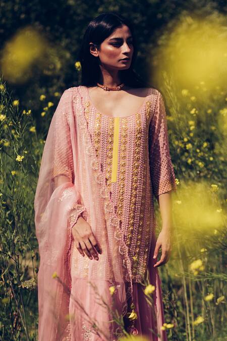 Buy Madzin Pink Kurta And Pant Georgette Dupatta Hand Embroidered Sharara Set Online at Aza Fashions Buy_Madzin_Pink Kurta And Pant Georgette Dupatta Hand Embroidered Sharara Set _Online_at_Aza_Fashions