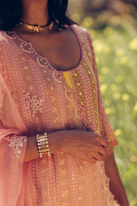 Shop Madzin Pink Kurta And Pant Georgette Dupatta Hand Embroidered Sharara Set Online at Aza Fashions Shop_Madzin_Pink Kurta And Pant Georgette Dupatta Hand Embroidered Sharara Set _Online_at_Aza_Fashions