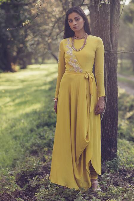 Shop Madzin Yellow Round Hand Embroidered Angrakha With Churidar at Aza Fashions Shop_Madzin_Yellow Round Hand Embroidered Angrakha With Churidar _at_Aza_Fashions