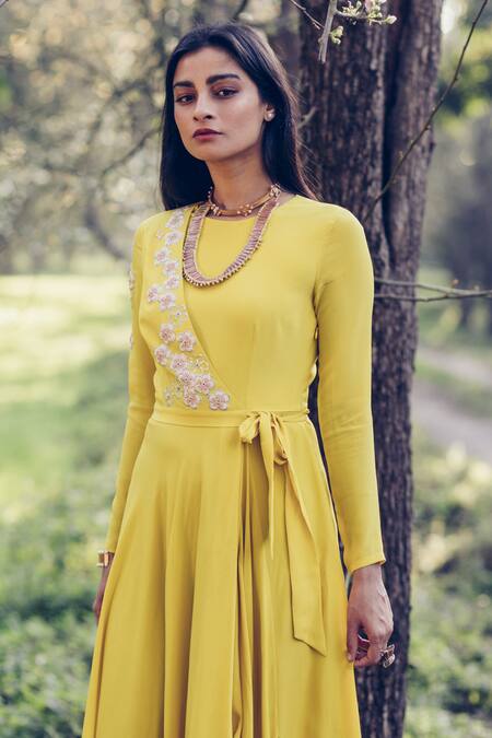 Madzin Yellow Round Hand Embroidered Angrakha With Churidar Online at Aza Fashions Madzin_Yellow Round Hand Embroidered Angrakha With Churidar _Online_at_Aza_Fashions