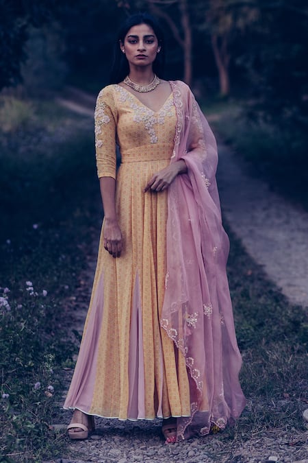 Madzin Yellow Kurta Viscose Georgette Dupatta Silk Hand Embroidered Anarkali With 