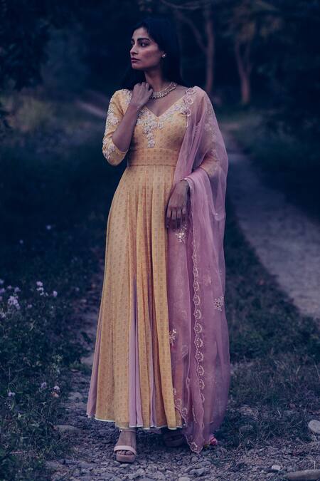 Madzin Yellow Kurta Viscose Georgette Dupatta Silk Hand Embroidered Anarkali With Online at Aza Fashions Madzin_Yellow Kurta Viscose Georgette Dupatta Silk Hand Embroidered Anarkali With _Online_at_Aza_Fashions