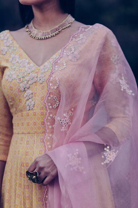 Shop Madzin Yellow Kurta Viscose Georgette Dupatta Silk Hand Embroidered Anarkali With Online at Aza Fashions Shop_Madzin_Yellow Kurta Viscose Georgette Dupatta Silk Hand Embroidered Anarkali With _Online_at_Aza_Fashions