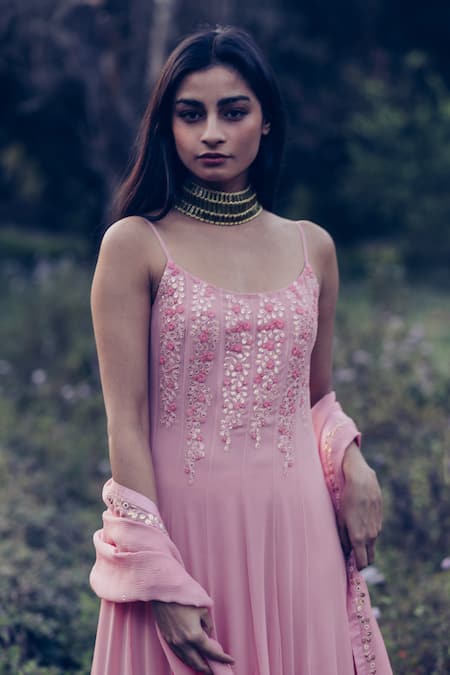 Madzin Pink Kurta Georgette Dupatta Chiffon Embroidered Anarkali With 