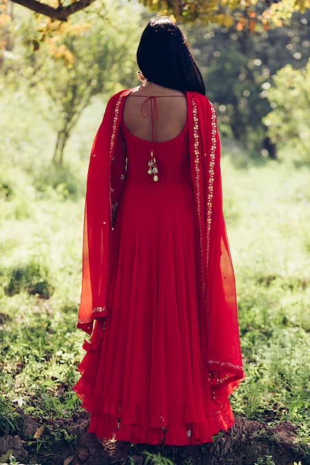 Shop Madzin Red Kurta Silk Georgette Pant Lycra Satiin Dupatta Embroidered Anarkali Set at Aza Fashions Shop_Madzin_Red Kurta Silk Georgette Pant Lycra Satiin Dupatta Embroidered Anarkali Set _at_Aza_Fashions