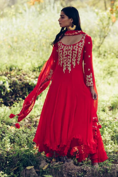 Madzin Red Kurta Silk Georgette Pant Lycra Satiin Dupatta Embroidered Anarkali Set Online at Aza Fashions Madzin_Red Kurta Silk Georgette Pant Lycra Satiin Dupatta Embroidered Anarkali Set _Online_at_Aza_Fashions