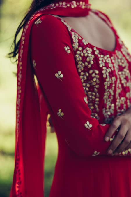 Shop Madzin Red Kurta Silk Georgette Pant Lycra Satiin Dupatta Embroidered Anarkali Set Online at Aza Fashions Shop_Madzin_Red Kurta Silk Georgette Pant Lycra Satiin Dupatta Embroidered Anarkali Set _Online_at_Aza_Fashions