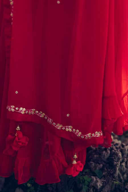 Madzin Red Kurta Silk Georgette Pant Lycra Satiin Dupatta Embroidered Anarkali Set at Aza Fashions Madzin_Red Kurta Silk Georgette Pant Lycra Satiin Dupatta Embroidered Anarkali Set _at_Aza_Fashions