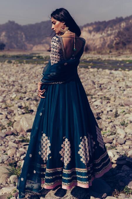 Madzin Green Kurta Dupion Dupatta Organza Hand Embroidered Anarkali With Online at Aza Fashions Madzin_Green Kurta Dupion Dupatta Organza Hand Embroidered Anarkali With _Online_at_Aza_Fashions