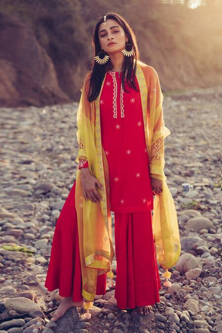 Buy Madzin Red Kurta Silk Chiffon Pant Bamberg Satin Hand Embroidered Sharara Set Online at Aza Fashions Buy_Madzin_Red Kurta Silk Chiffon Pant Bamberg Satin Hand Embroidered Sharara Set _Online_at_Aza_Fashions
