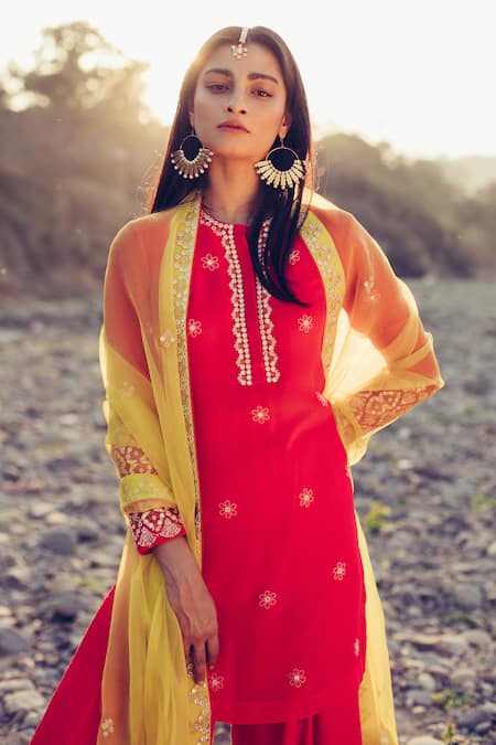 Madzin Red Kurta Silk Chiffon Pant Bamberg Satin Hand Embroidered Sharara Set 