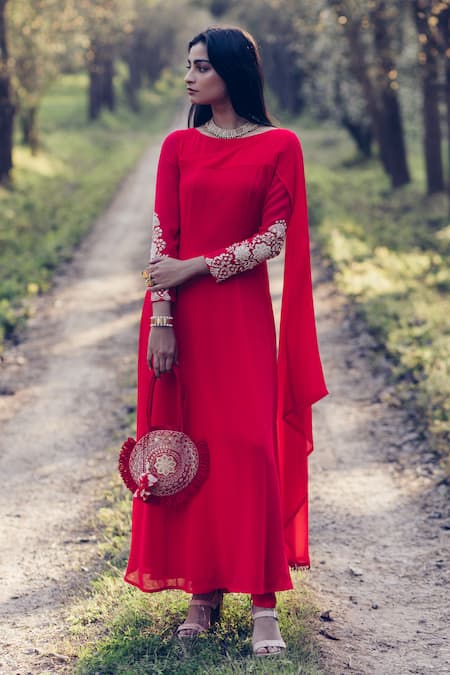 Madzin Red Silk Georgette Boat Embroidered Asymmetric Kurta Pant Set 